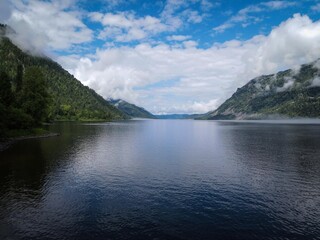Scenic aerial view of Teletskoye Lake, Altai, Russia