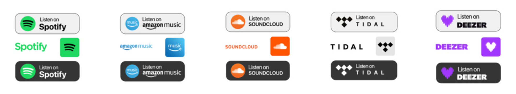 Music streaming app button set. Listen on Spotify, Amazon Music, SoundCloud, Tidal, Deezer icons and badges. Play music logo collection template vector.