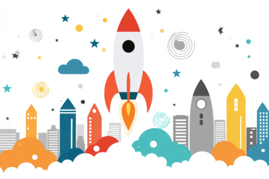A vibrant illustration of rockets launching from a futuristic city skyline amidst clouds and stars.