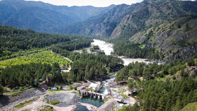 Chemal Hydroelectric Power Station aerial view, Altai, Russia