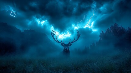 Deer silhouette lightning storm night