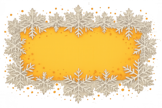 Snowflakes border creating a winter holiday frame with a yellow background, transparent for festive greeting cards and banners