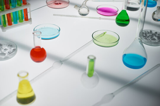 Close-up shot of laboratory glassware on the table: flasks with liquids, Petri dishes with chemical substances, test tube rack and glass rods
