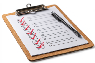 A wooden clipboard holds a checklist with several tasks completed, marked by red checkmarks, with a black pen resting on the paper.