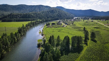 Aerial view of Katun River near Tyungur village, Altai Republic, Russia
