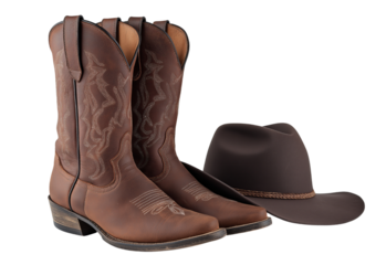 Brown Cowboy Boots and Hat isolated on a transparent background