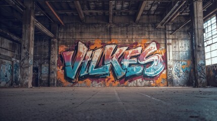 Naklejka premium Vibrant graffiti art in colorful letters on concrete wall inside abandoned industrial warehouse with exposed beams and dramatic lighting