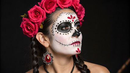  Creative image of skeleton lady Skull. makeup for Halloween or Dia De Muertos holiday. banner with place for text. portrait of a young woman with a mask