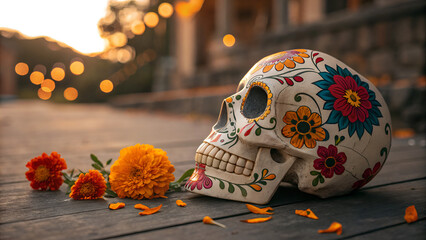 Creative colorful skull image and candles. Makeup for Halloween or Day of the Dead. Banner with space for text. Celebration and ancestors concept.