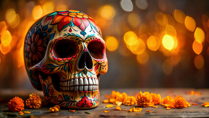Creative colorful skull image candles and flower. Makeup for Halloween or Day of the Dead. Banner with space for text. Celebration and ancestors concept.