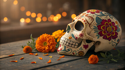 Creative colorful skull image candles and flower. Makeup for Halloween or Day of the Dead on wooden background. Banner with space for text. Celebration and ancestors concept.