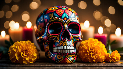 Creative colorful skull image candles and flower. Makeup for Halloween or Day of the Dead. Banner with space for text. Celebration and ancestors concept.