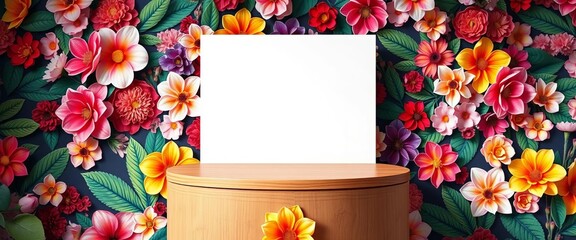 Elegant wooden podium on vibrant floral backdrop, perfect for product display,  background,  design