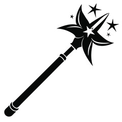 Black magic wand silhouette with star and leaf details radiating magical charm on white