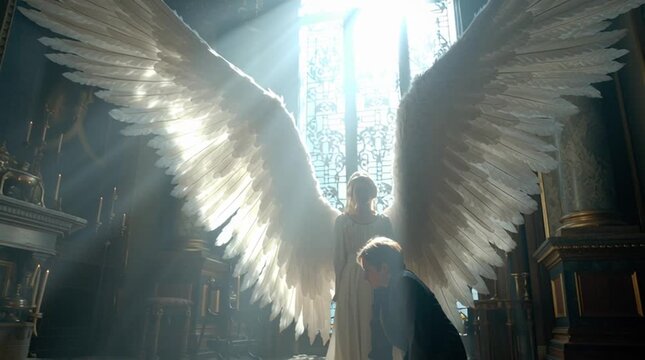 Cinematic wide shot of Archangel Gabriel appearing in radiant divine light before kneeling young Mary in her humble sunlit room &mdash; awe, grace, and sacred revelation.
