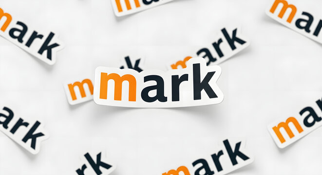 Sticker with the word mark over a white background, mark typography, paper sticker