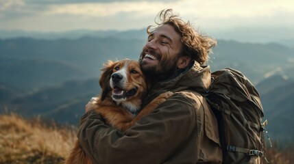 Joyful hiker with backpack embracing happy dog on mountain peak during golden hour, showcasing outdoor adventure friendship and connection with nature and pets