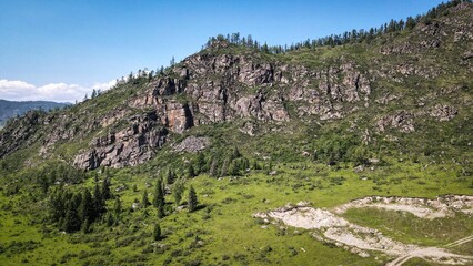 Aerial landscape of taiga forest and mountains, Altai, Russia