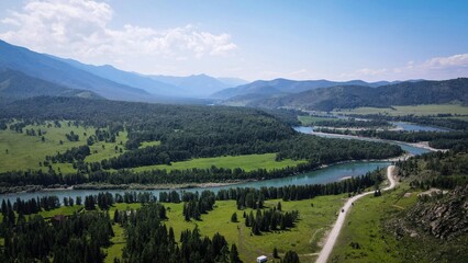 Obraz premium Aerial view of Katun River near Tyungur River, Altai Republic, Russia