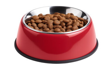 Red dog bowl filled with dry food isolated on a transparent background