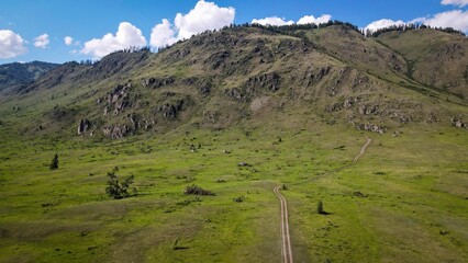 Ancient stone warriors monument site near Tungur aerial view, Altai, Russia