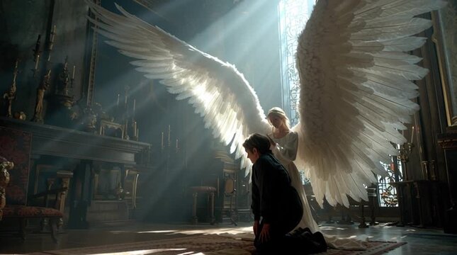 Cinematic wide shot of Archangel Gabriel appearing in radiant divine light before kneeling young Mary in her humble sunlit room &mdash; awe, grace, and sacred revelation.

