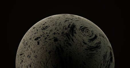 Render 3D de um planeta fictício com textura rochosa e detalhes craterizados, parcialmente iluminado por luz lateral sobre fundo escuro. © Mirella