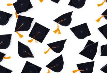 Several graduation caps arranged on a pristine white background,  ceremony,  graduation day