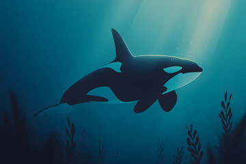 Obraz premium Majestic orca whale glides through sunlit ocean depths surrounded by aquatic plants