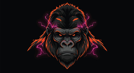 Fierce gorilla head illustration with glowing neon lightning effect, powerful animal mascot design, aggressive expression, dark background, modern esport logo vector