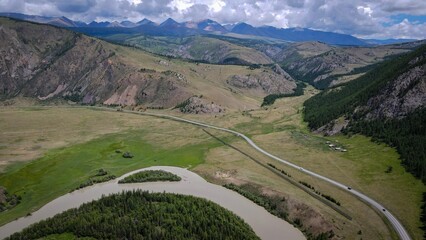 Scenic aerial view of meandres of Chuya River near Aktash village, Altai, Russia