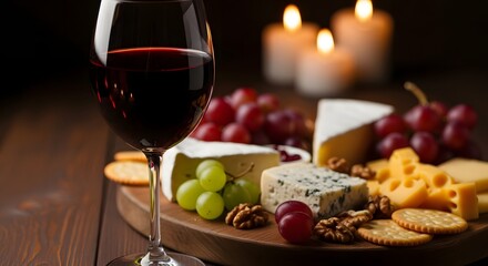 Elegant Cheese Board with Red Wine and Candles for Romantic Evening