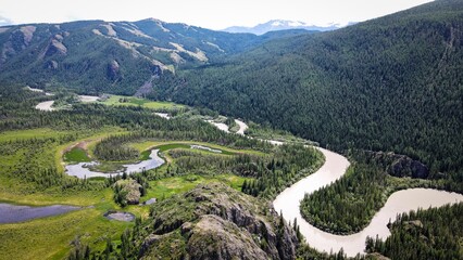 Scenic aerial view of meandres of Chuya River near Aktash village, Altai, Russia