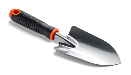 Hand trowel with a shiny metallic blade and black handle with orange accents, placed on a flat surface, designed for digging and planting in gardening tasks.