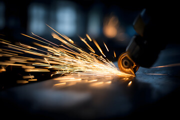 Dynamic sparks fly as grinder cuts metal in professional industrial workshop setting
