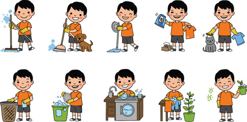Cartoon boy doing household chores, cleaning floor, washing dishes, laundry, watering plants, helping parents, domestic work, hygiene, responsibility, home care