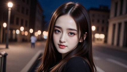 Elegant Asian Woman Poses on City Street at Night, Warm Lighting