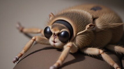 Fuzzy Bug with Big Eyes Sitting on Surface, Macro Shot, Brown Tone