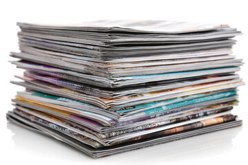 Stack of magazines on white background, close-up shot.