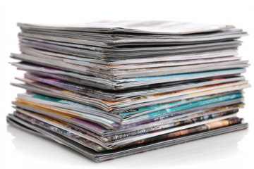 Stack of magazines on white background, close-up shot.