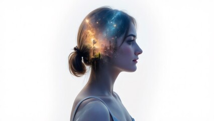 Creative woman profile with cosmos silhouette inside her head