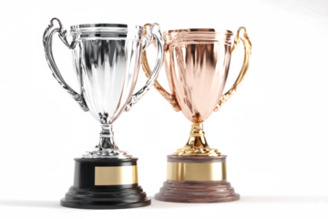 Two gleaming award trophies, one silver and one bronze, standing side by side on a white background, symbolizing achievement and success.