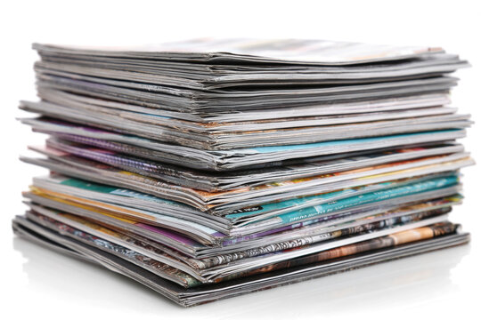 Stack of magazines on white background, close-up shot.