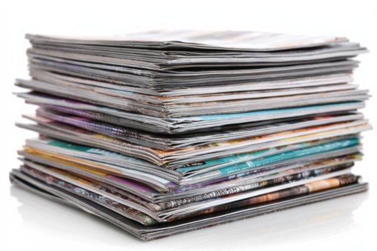 Stack of magazines on white background, close-up shot.