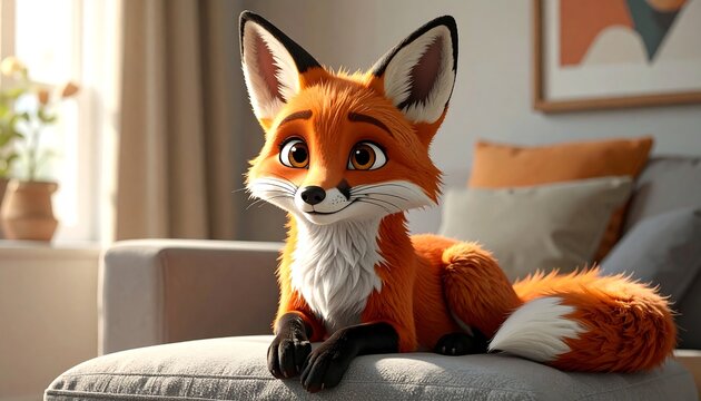 A digitally rendered, anthropomorphic fox with bright orange fur and expressive brown eyes, resting comfortably on a light gray sofa - Powered by Adobe