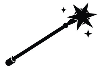 A simple black magic wand points upward emitting glittering sparkles on the clean backdrop