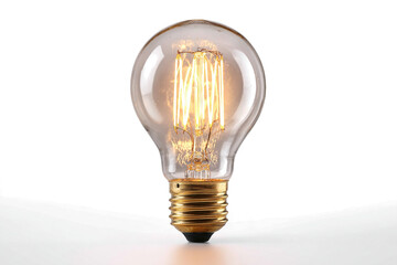 A vintage Edison-style incandescent light bulb with a glowing filament, casting a warm light on a white background.