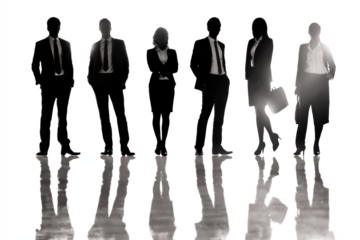 Silhouetted business people standing in a row with reflections.