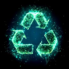 Glowing green recycling symbol in a dark space displayed as a digital art representation of sustainability - High Contrast