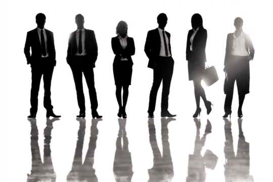 Silhouetted business people standing in a row with reflections.